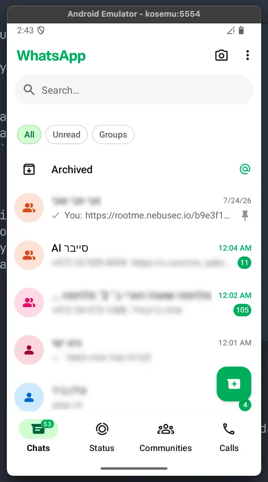 Android emulator showing my WhatsApp chats